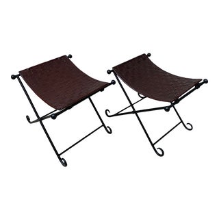 Vintage Woven Leather and Iron Footstools - a Pair For Sale