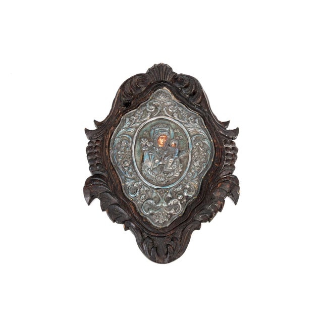 19th C. Greek Orthodox Icon, Theotokos With Christ Child — Hallmarked 950 Silver Repoussé Riza & Carved Baroque Frame, 15¾" H For Sale - Image 10 of 10