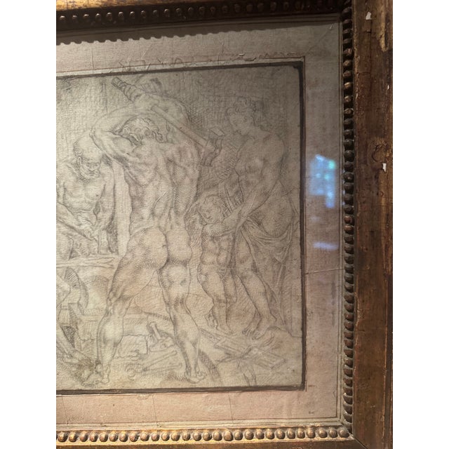 Dutch School of the 18th century, " Venus in the Forge of Vulcan", drawing in black chalk. Reproduced after the 1546 print...