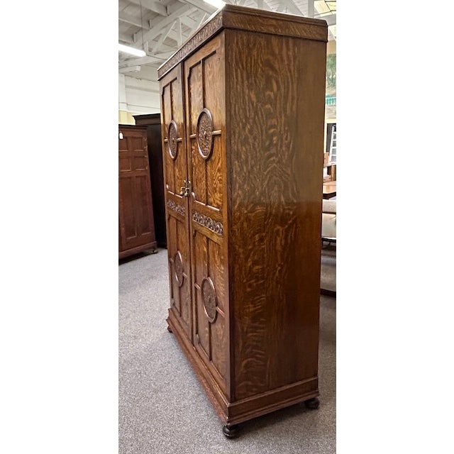Brown Solid Oak Custom Built Armoire c.1910. Arts & Crafts. For Sale - Image 8 of 16