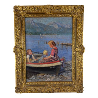 Wilhelm Balmer, Lake Scene with Children in a Boat, 1890s, Oil on Canvas, Framed For Sale