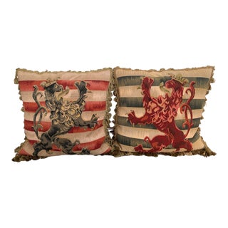 Contemporary Striped Lion Aubusson Throw Pillows - A Pair For Sale