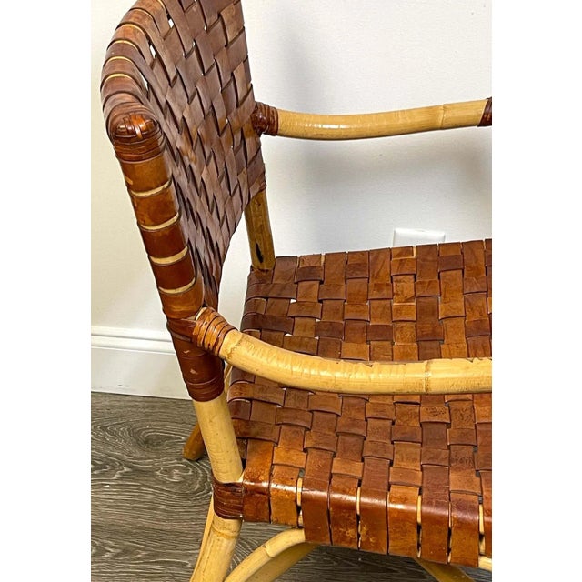 1960s French Modern Bamboo & Woven Saddle Leather Armchair, Circa 1960s For Sale - Image 10 of 13