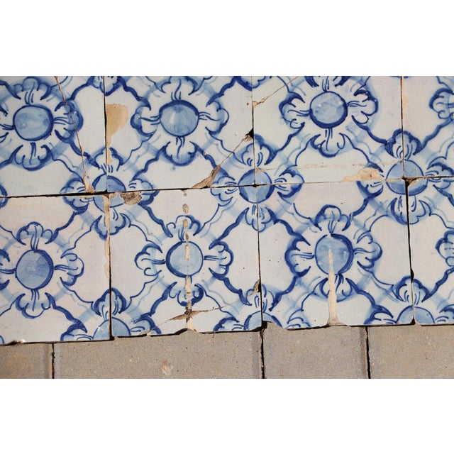 Antique 18th Century Portuguese Blue & White Tiles Set of 61 With Repeating Floral-Geometric Pattern For Sale - Image 12 of 18