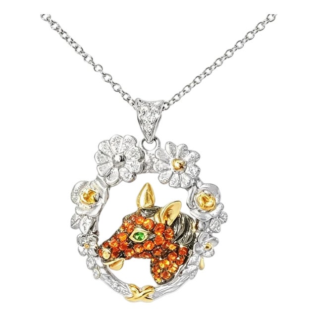 Late 20th Century 14K White Gold Diamond Orange Sapphire Horse Pendant Slide For Sale