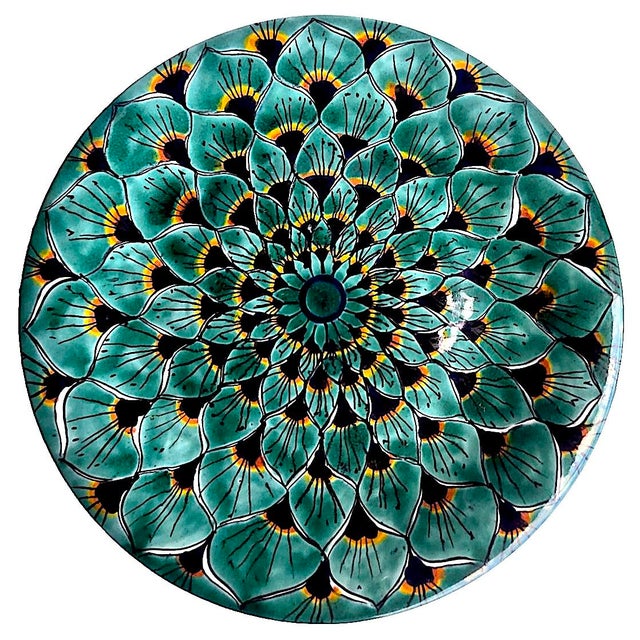 Teal Vintage Hand Painted Talavera Mexico Ceramic Wall Platters, a Pair For Sale - Image 8 of 13