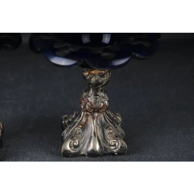 Antique Silver Caviar Bowls in Blue Glass, Set of 2 For Sale - Image 9 of 11