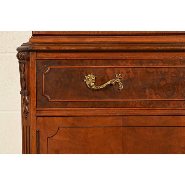 Romweber French Provincial Louis XV Carved Walnut and Burl Wood Breakfront Bookcase Cabinet, Circa 1930s For Sale - Image 10 of 18