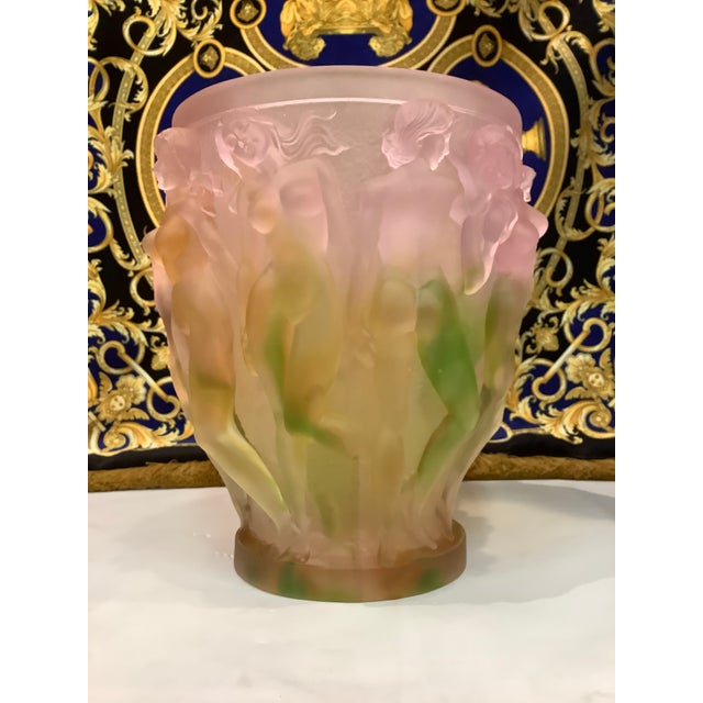1950s Vintage XL Crystal Heavy Glass Art Vase, Green Pink Ombré Naked Ladies For Sale - Image 11 of 13