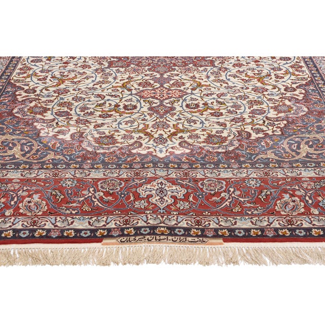 Signed Seirafian Vintage Ivory Persian Isfahan Rug - 06'09 X 10'06 For Sale - Image 4 of 10