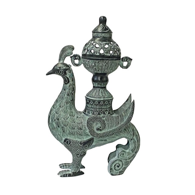 2020s Chinese Green Black Ancient Phoenix Bird Incense Holder Display Vessel For Sale - Image 5 of 5
