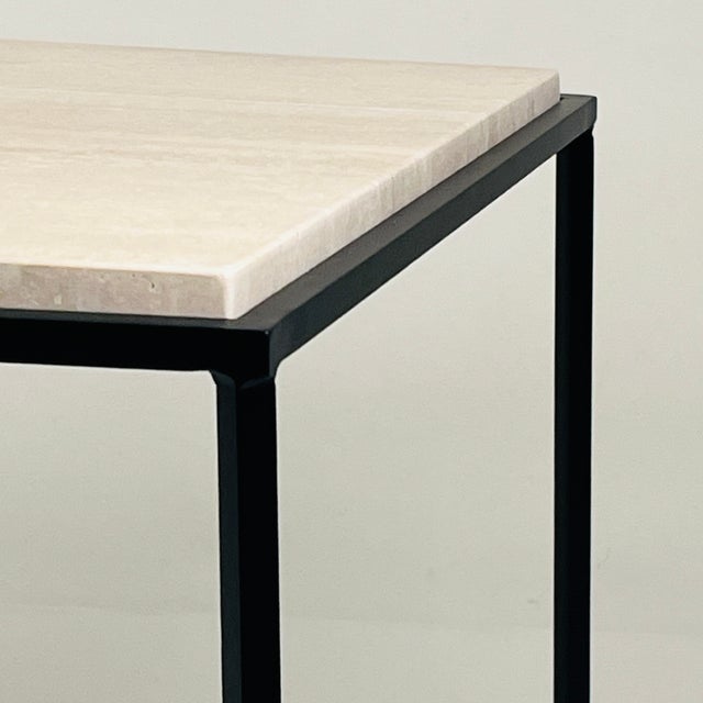 DESIGN FRERES Pair of Tall Iron and Travertine 'Entretoise' Side Tables by Design Frères For Sale - Image 4 of 7