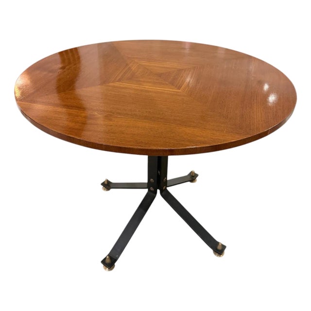 Carlo Ratti Geometric Walnut Round Table With Iron Base, Italy, 1950s For Sale