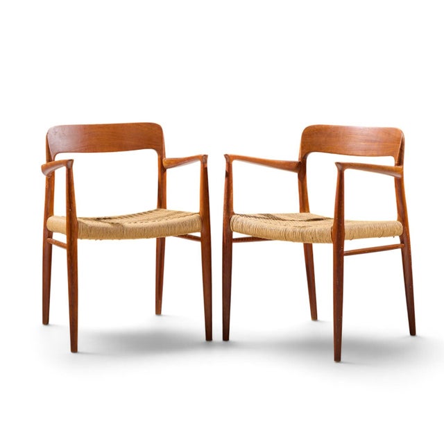 Mid-Century Modern Niels Moller Model 57 Mid Century Danish Teak and Rope Captains Dining Chairs - Pair For Sale - Image 3 of 13