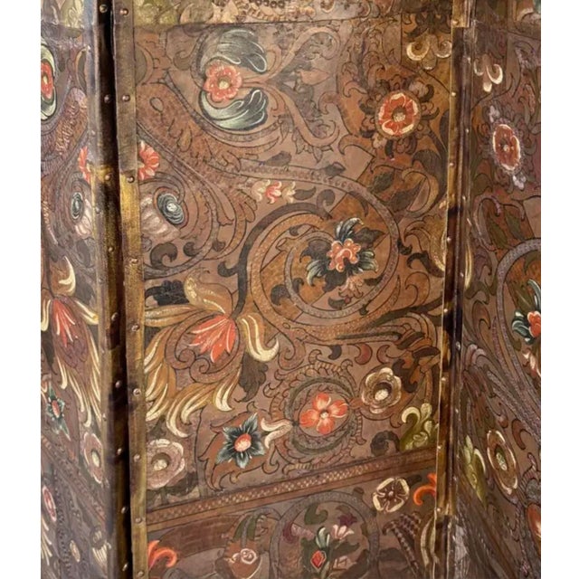 Spanish Painted and Parcel-Gilt Leather Four Panel Screen For Sale In Tampa - Image 6 of 11