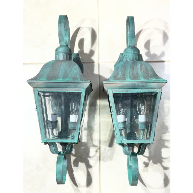 Pair of Vintage Solid Brass Outdoor Wall Lanterns - 22”h X 7”.5 W X 7”.5 D For Sale - Image 4 of 15