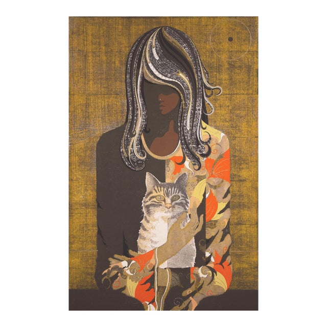 'Afternoon With a Cat' by Tadashi Nakayama, 1971, Los Angeles County Museum of Art, Psychedelic Japanese Wood-Block, Tokyo Biennale For Sale