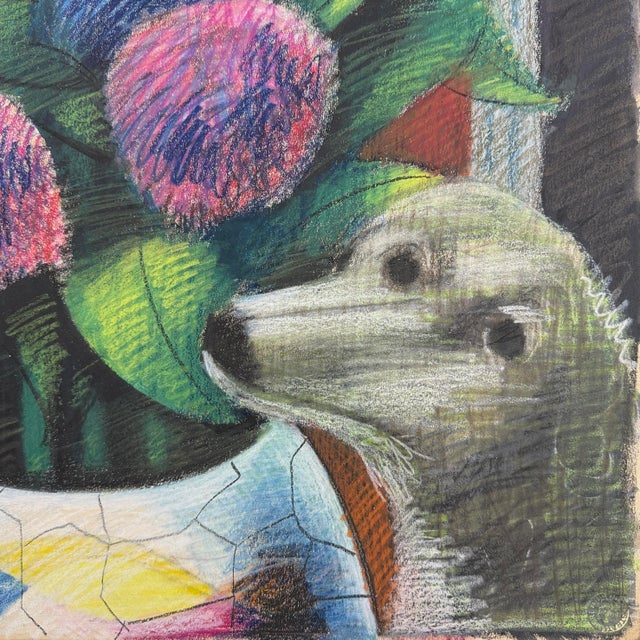 Art Deco Vintage Expressionist Still Life With Flowers, Dog, and Figure by Jack Gerber For Sale - Image 3 of 5