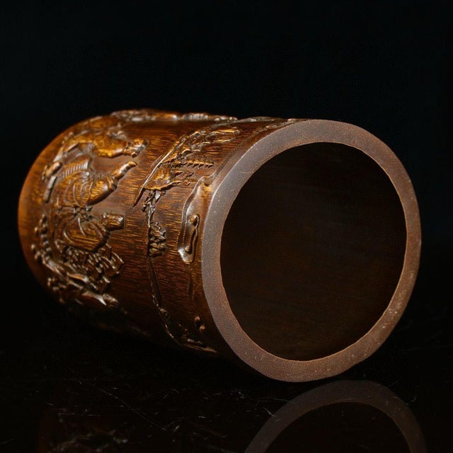 Vintage Chinese Deep Relief Bamboo Carved "Scholars" Brush Pot - 475g For Sale - Image 9 of 9
