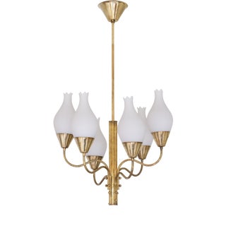 Six Arm Chandelier in Brass and Opal Glass by Edvard Hagman, Sweden, 1956 For Sale