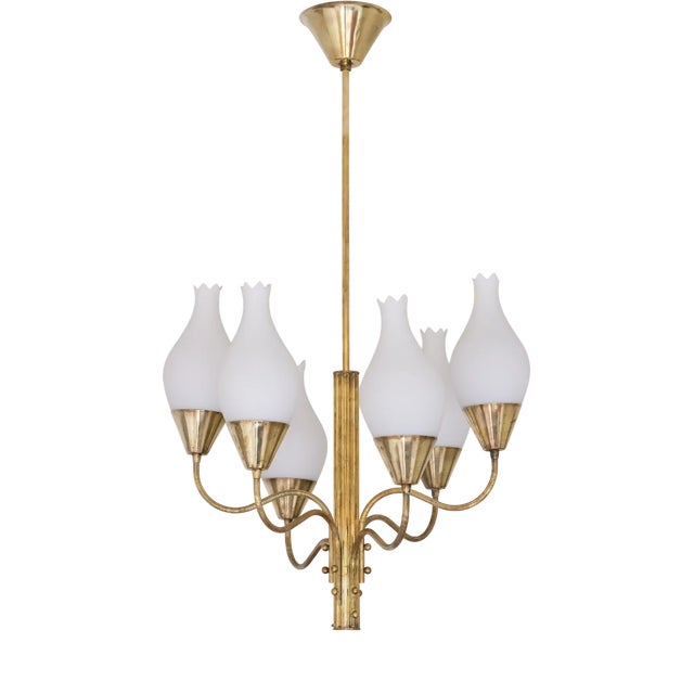 Six Arm Chandelier in Brass and Opal Glass by Edvard Hagman, Sweden, 1956 For Sale
