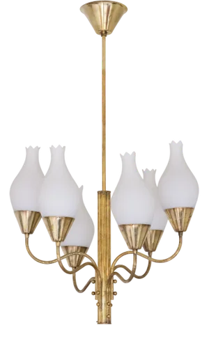 Six Arm Chandelier in Brass and Opal Glass by Edvard Hagman, Sweden, 1956