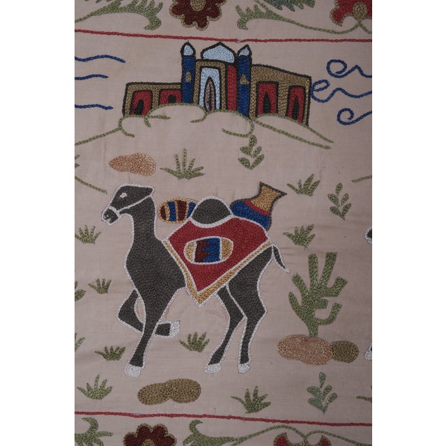 Animal Pictorial Silk on Silk Suzani Wall Hanging Decor 1'8'' X 6'3'' For Sale - Image 6 of 10