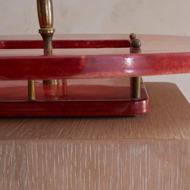 Wood Italian Crimson Goatskin Tray with Brass Handle Attributed to Aldo Tura, 1960s For Sale - Image 7 of 9