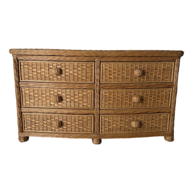 Vintage Coastal Organic Woven Rattan Six-Drawer Dresser For Sale