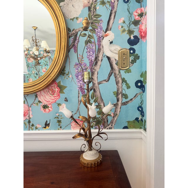 Listing is for a midcentury Italian gilt toleware lamp that depicts a flowering tulip with 3 blooms carved from alabaster....