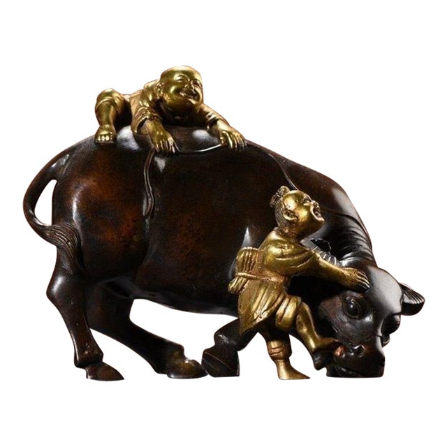 Vintage Gilt Bronze Figure Group – Two Boys Playing With a Water Buffalo For Sale