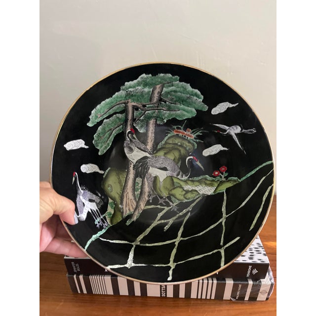 Vintage Black Chinese Bowl With Cranes For Sale - Image 4 of 12