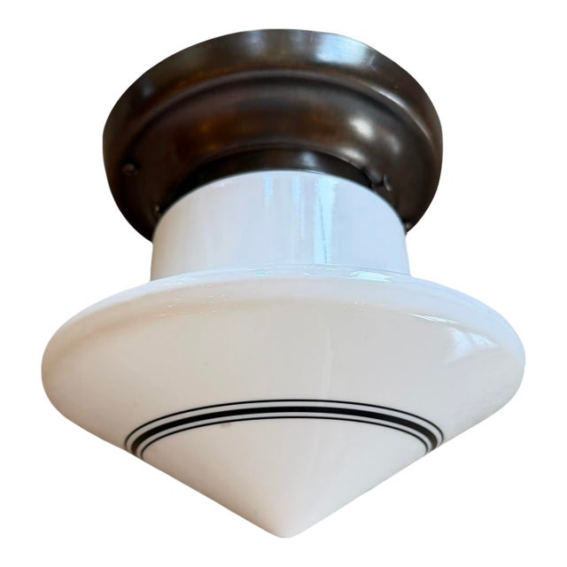 Vintage Mid-Century Modern Milk Glass Ceiling Light With Black Pinstripe For Sale