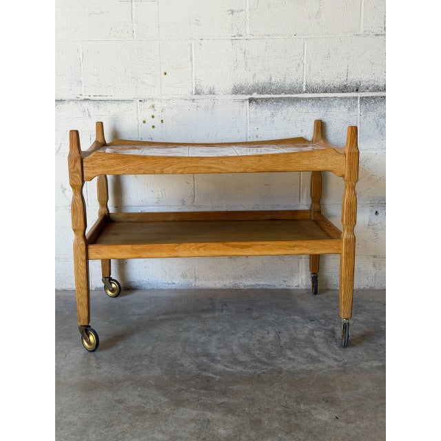 In Style of Henning Kjærnulf Oak Two-Tier Serving Bar Cart With Ceramic Tile Top Vintage Mid-Century Modern 1970s For Sale In Los Angeles - Image 6 of 10