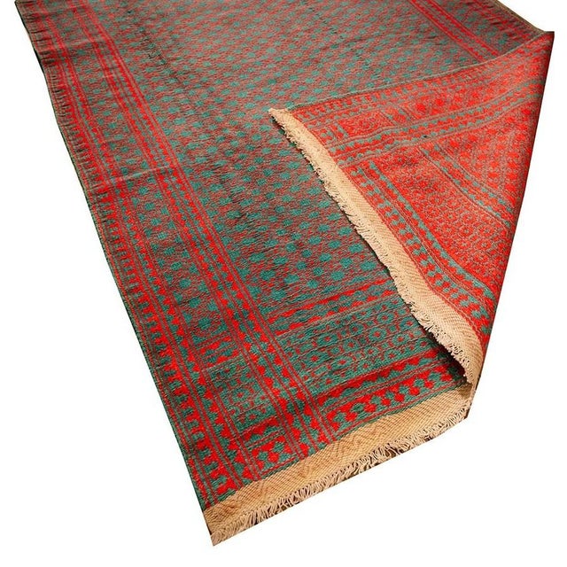 Mid-Century Modern 1950s Small Solid Green Modern Geometric Vintage Cotton Textile Ziloo Rug For Sale - Image 3 of 6
