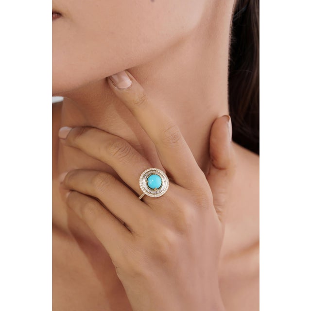 Art Nouveau Art Deco Revival 1.52ct Round Turquoise & Diamond Halo Ring Size 4 in 14k Yellow Gold For Sale - Image 3 of 17