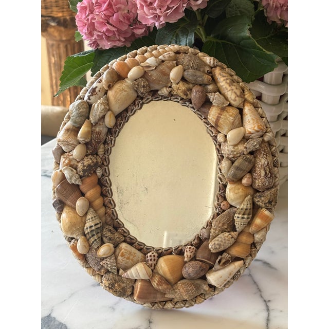 Vintage Palm Beach Style Petite Shell Encrusted Oval Shaped Table Mirror With Easel Back For Sale - Image 15 of 18