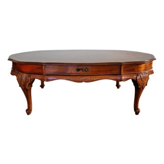 Carved Wood Chippendale Coffee Table with Drawers and Brass Handles For Sale