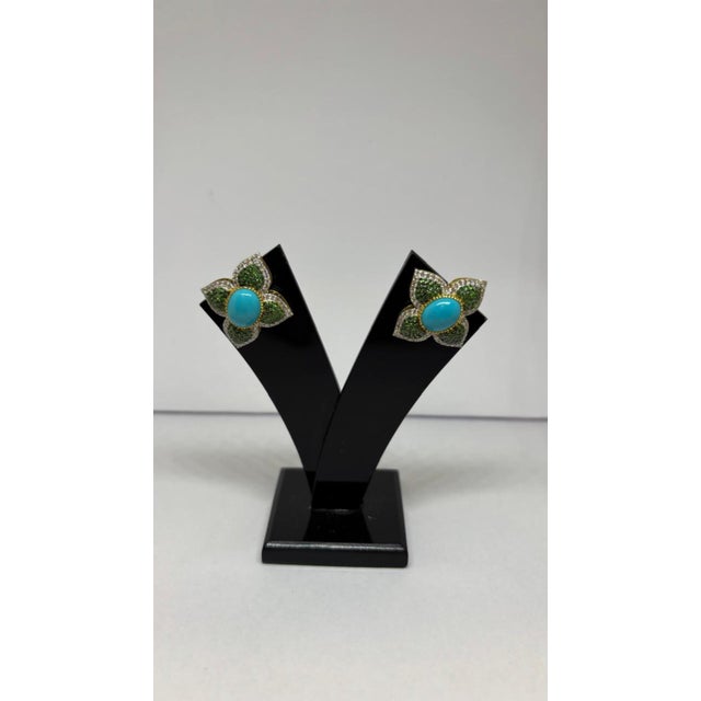 Natural Tsavorite, Turquoise & Diamond Earring in 14k Gold For Sale - Image 4 of 8