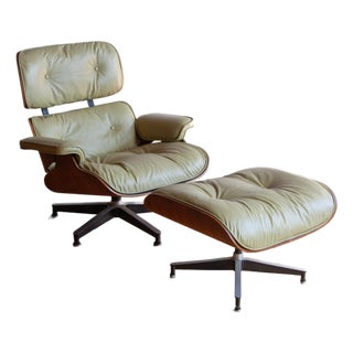 Herman Miller Eames Lounge Chair and Ottoman, Sage Green Leather, 1963 For Sale