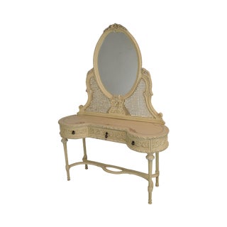 French Louis XVI Style Vintage Painted Vanity With Mirror For Sale