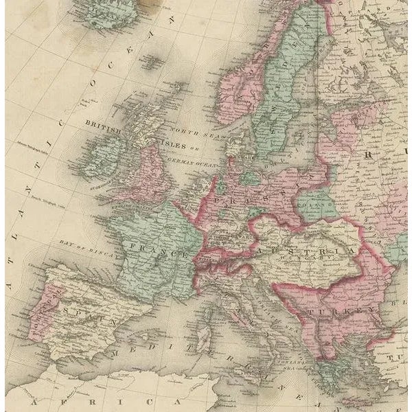 Antique Map of Europe by Johnson, 1872 For Sale - Image 3 of 5