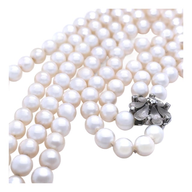 14ct White Gold Double Strand Cultured Pearl Necklace With Diamonds 0.26ct For Sale