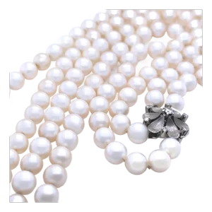 14ct White Gold Double Strand Cultured Pearl Necklace With Diamonds 0.26ct