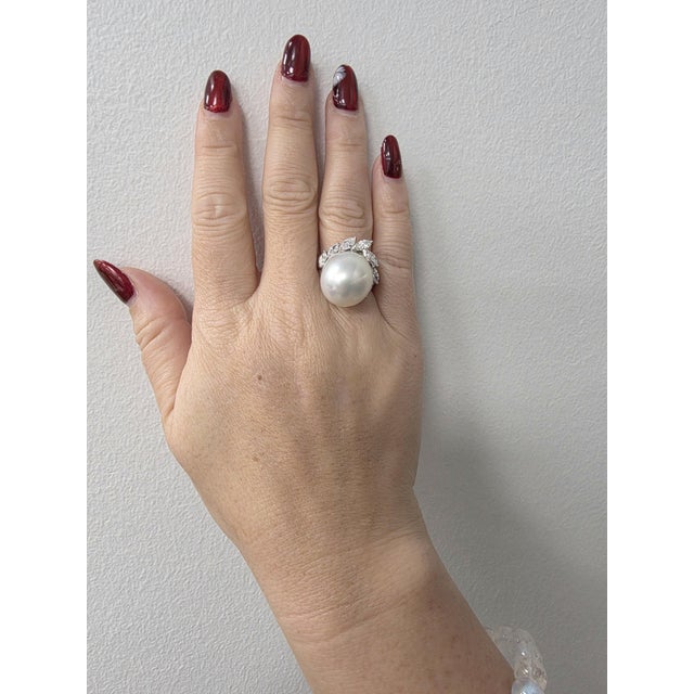 Vintage Platinum South Sea White Pearl and Marquise Diamond Ring, Size 7.75 For Sale In Los Angeles - Image 6 of 7