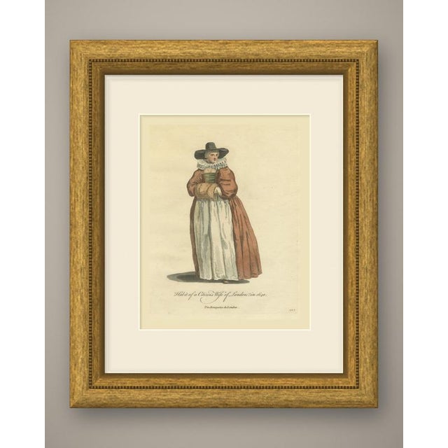 This is an original antique copper engraving from 1757, colored by hand, lettered "habit of a citizen's wife of london, in...