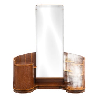 Vintage Art Deco Modernist Walnut Wood Vanity With Storage Shelving and Mirror For Sale