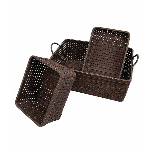 Vintage Dark Woven Rattan Nesting Basket Set – 3 Piece Rectangular Storage Baskets For Sale - Image 4 of 7