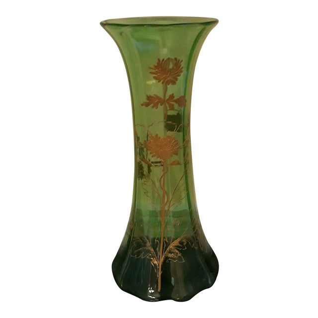Vintage 50s Green Glass Vase For Sale