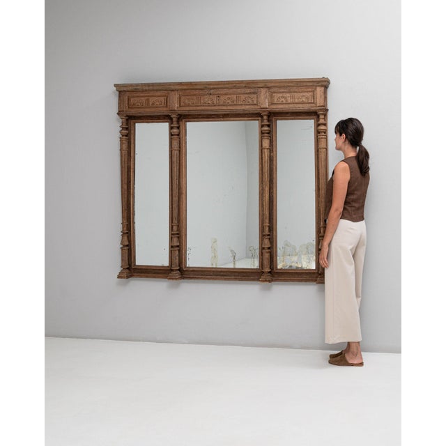 1900 - 1909 1900-1909 France Warm Golden Oak Carved Oak Triptych Mirror For Sale - Image 5 of 11